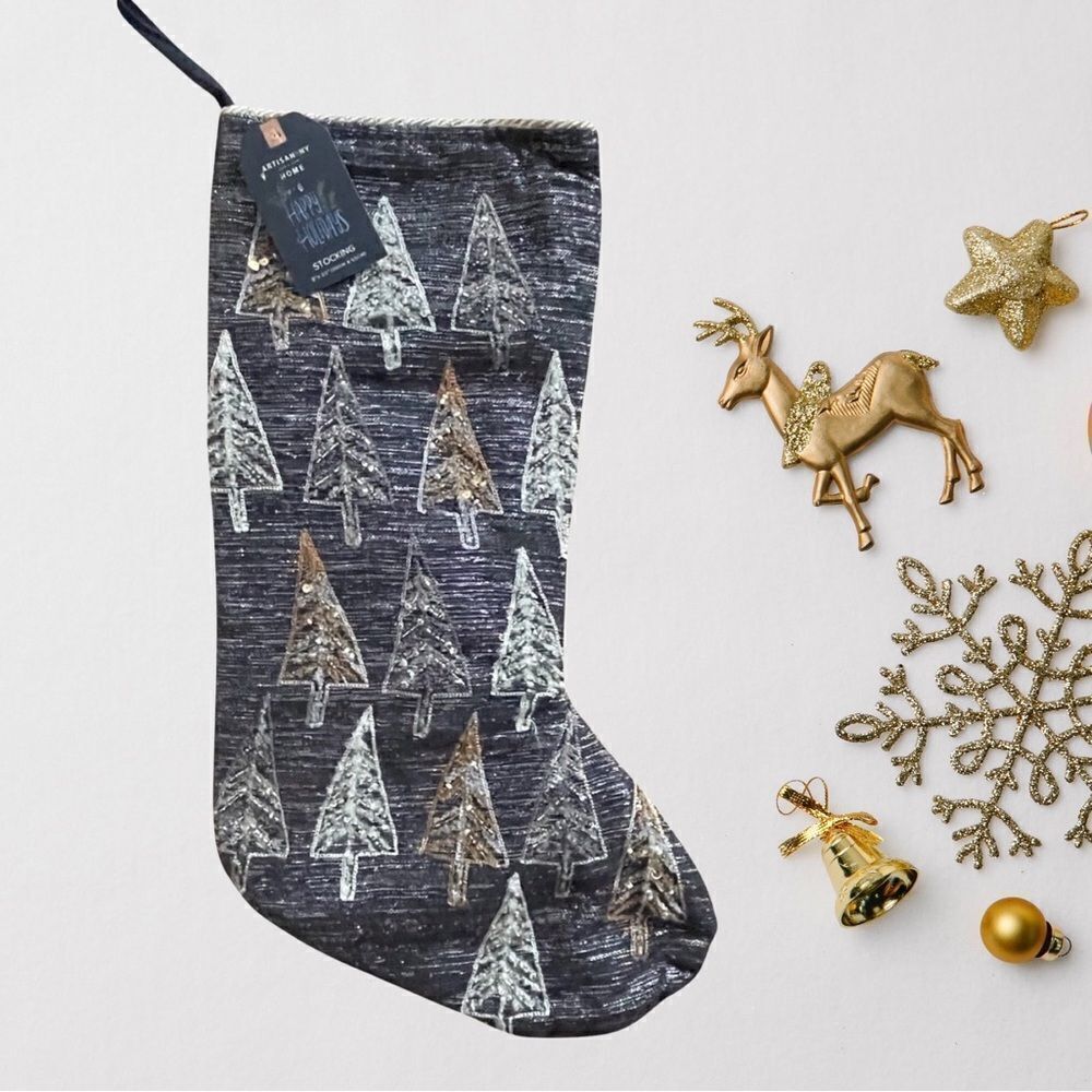 Artisan NY Metallic Blue Silver & Gold Holiday Christmas Tree Stocking NWT